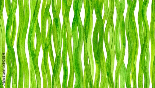 Watercolor painting of vertical, wavy, green lines on white background.