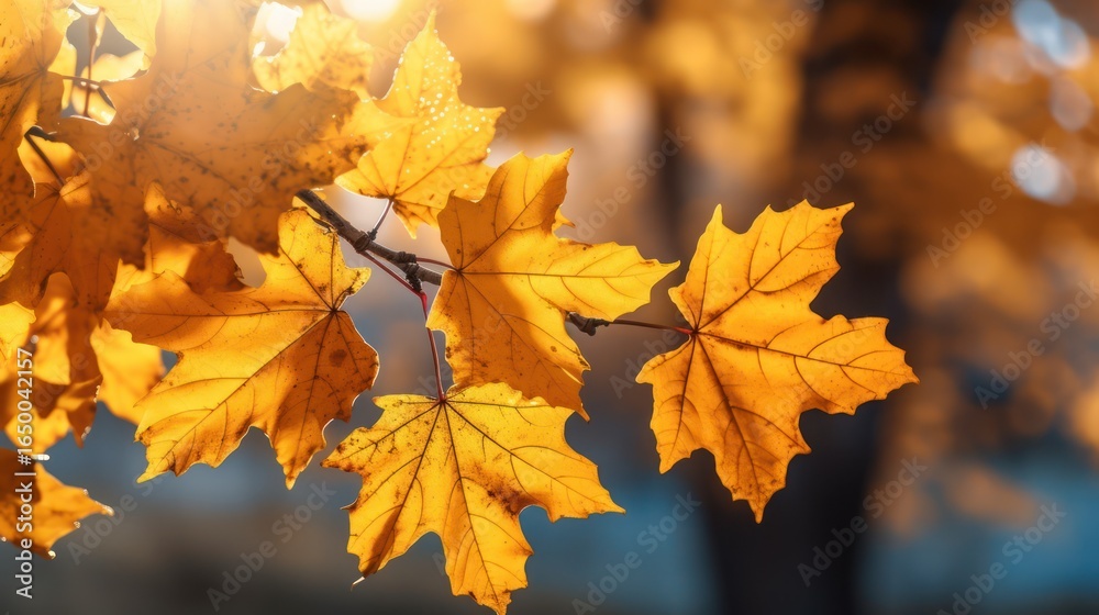 Fototapeta premium 8k, hyper-realistic, highly detailed, vibrant, stunning autumn leaves, depth of field, warm golden sunlight, bokeh, intricate textures, photorealistic, digital art 