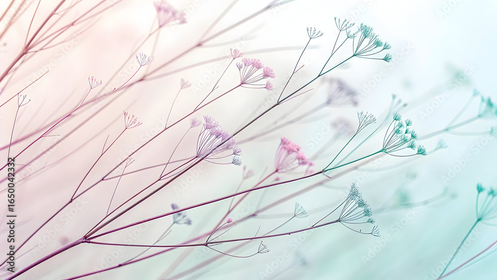 Obraz premium Delicate Pastel Pink Mint Green Wildflower Branches Thin Wispy Diagonal Lines Soft Light Background Botanical Nature Photography