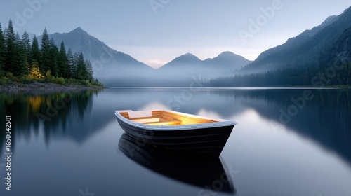 A serene wooden boat floats on calm waters at dawn, surrounded by misty mountains.