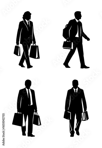 set of silhouettes of people carrying shopping bags, isolated background