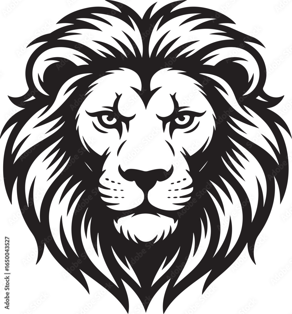 Fototapeta premium Black and white stylized lion head with a detailed mane and a serious expression face animal