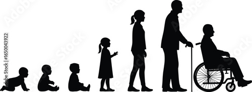 human life stages silhouette from infancy to old age, baby, child, adult, senior, aging process, growth development, evolution