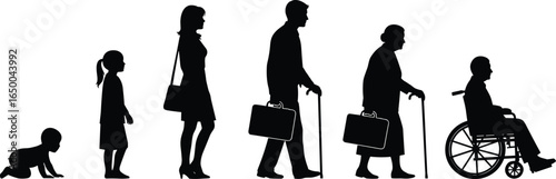 human life stages from infancy to old age, crawling baby, child, adult, senior with cane, elderly in wheelchair silhouette