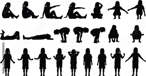 Silhouette children sitting, standing, squatting, playing, pointing, laying down, different kid poses, black vector illustration, childhood activities, isolated design