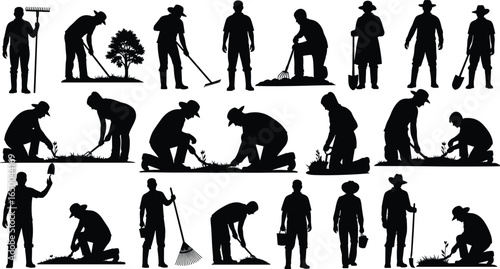 Silhouette farmer gardening activities, planting trees, using rake, digging soil, agricultural tools, working in garden, outdoor farming, crop care, black illustration