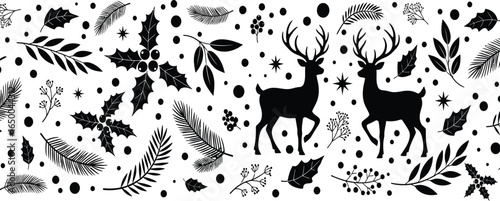 Weihnachtsmuster, Hintergrund, Vektor. Weihnachtsbaum, Rentiere, Ornamente, Schneeflocke auf weißem Hintergrund. 