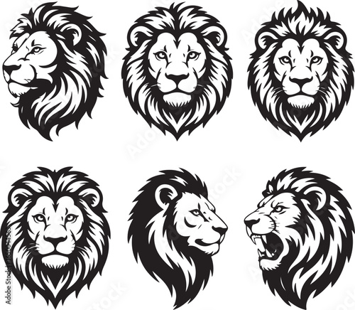 Six black and white stylized lion head illustrations in various poses lions face