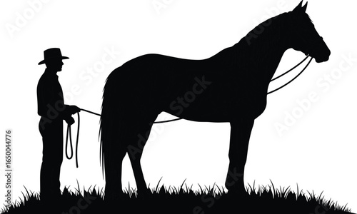 Silhouette of cowboy standing beside horse holding reins, outdoor rural farm scene, equestrian lifestyle concept, detailed vector illustration, countryside nature