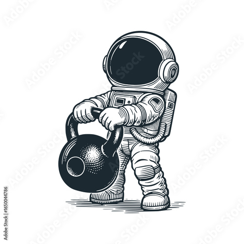 Cute astronaut lift the kettlebell – Black and White Icon Vector and Illustration