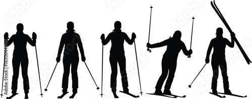 silhouette of female skiers in various skiing poses, holding ski poles and skis, winter sport activity, black silhouette isolated illustration