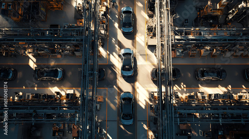 Aerial View of Car Assembly Line in Modern Factory