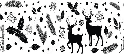 Weihnachtsmuster, Hintergrund, Vektor. Weihnachtsbaum, Rentiere, Ornamente, Schneeflocke auf weißem Hintergrund. 