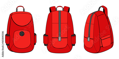 Vivid red rucksack displayed on a white background vector cartoon illustration.