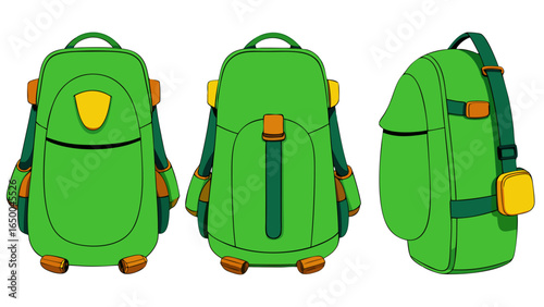 Vivid green rucksack displayed on a white background vector cartoon illustration.