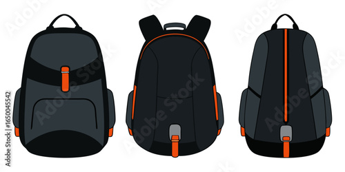 Vivid black rucksack displayed on a white background vector cartoon illustration.