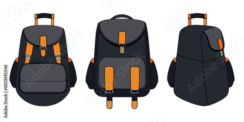 Vivid black rucksack displayed on a white background vector cartoon illustration.