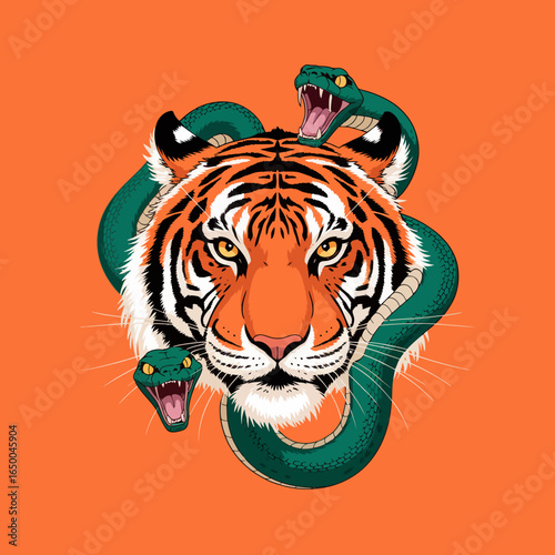 This striking image showcases a fierce tiger surrounded by two snarling snakes, symbolizing the duality of power and danger in nature's raw beauty and might.