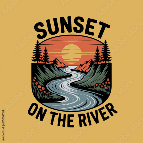 This calming image depicts a serene sunset over a winding river, surrounded by lush mountains, invoking feelings of peace, tranquility, and the beauty of natural landscapes.