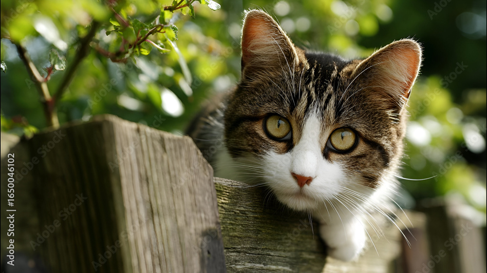 Fototapeta premium Brown Tabby Cat Resting on Wooden Fence in Sunny Garden