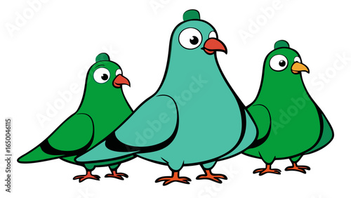 Collection of funny cartoon cute ,happy, colorful clip art blue green pigeons in white background vector illustration.