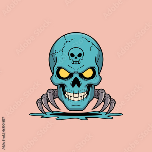 A striking blue skull illustration with menacing yellow eyes is depicted emerging from a watery surface, showcasing its eerie presence and dark mystique.