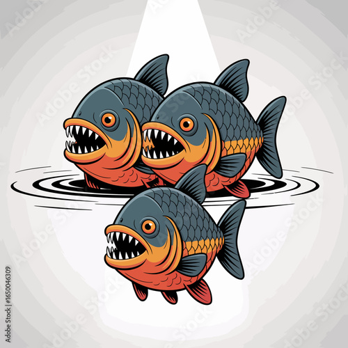 Three aggressive piranhas are shown swimming together in a dynamic arrangement, showcasing their sharp teeth and fierce expression. They represent danger and excitement in aquatic life.
