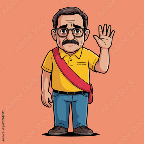 A charming illustration of a friendly middle-aged man in a yellow shirt and red shoulder strap, simply waving, creating a welcoming and approachable vibe for any project.