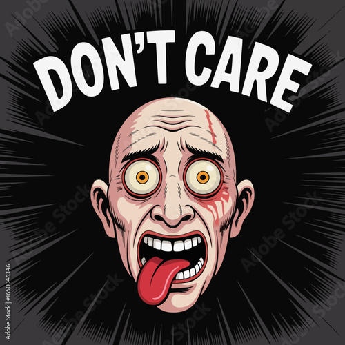 A chilling graphic of a bald, shocked face expresses deep indifference, showcasing wide eyes and a gaping mouth, capturing a blend of emotions in a vibrant style.