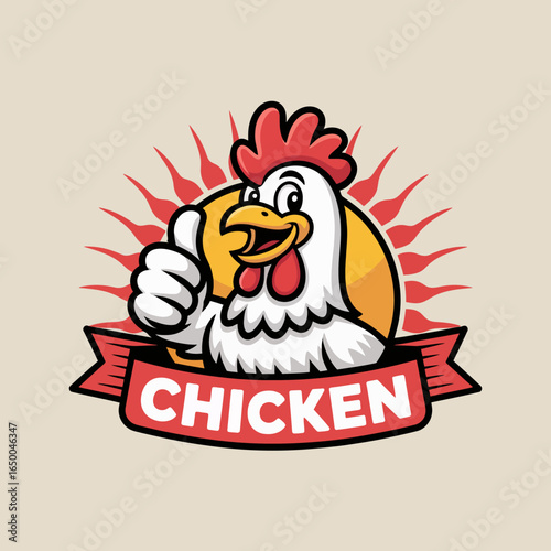 A vibrant illustration of a cheerful chicken giving a thumbs up against a sunburst backdrop, ideal for food or restaurant themes, particularly in poultry marketing.