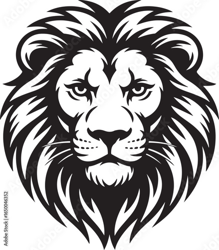 Black and White Stylized Lion Head Emblem with Majestic Mane face king