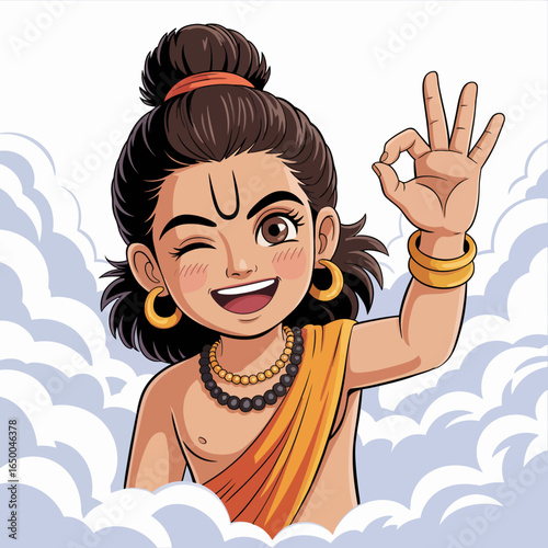 A cheerful boy in traditional attire, winking and showcasing a gesture of OK, surrounded by clouds, representing innocence and joy in a vibrant and playful artistic style.