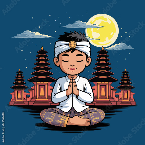 A charming depiction of a young boy in traditional attire meditating peacefully under the moonlight with a backdrop of ornate temples and a gentle night sky.