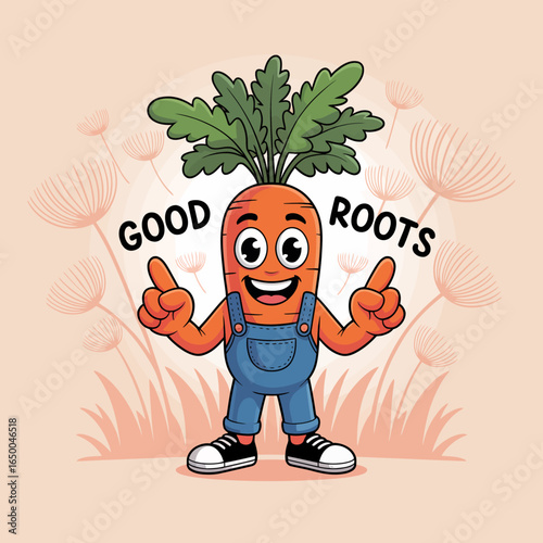 A joyful carrot character proudly displays the phrase 'Good Roots', symbolizing positivity and healthy living, surrounded by a lively botanical background.