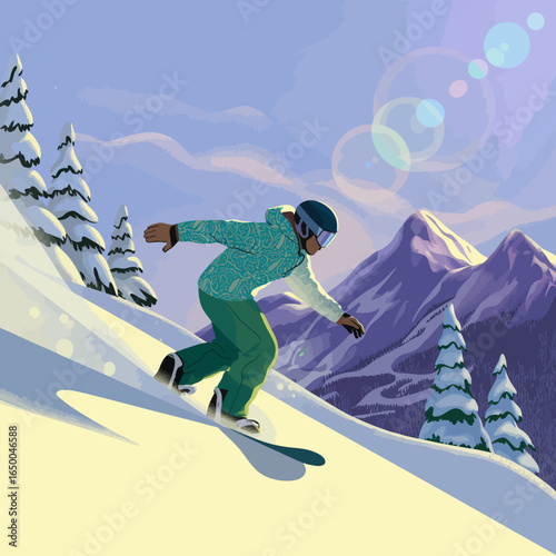 A skilled snowboarder performs a dynamic maneuver on a snowy slope, showcasing the thrill and excitement of winter sports against a breathtaking mountain backdrop.