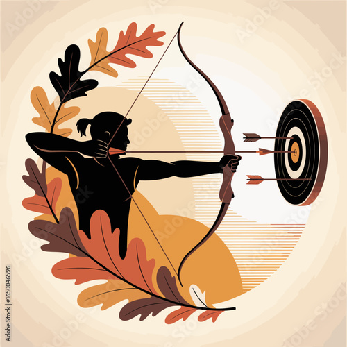 A skilled archer takes aim at a target, showcasing focus and determination, surrounded by stylized autumn leaves and geometric curved shapes representing movement and purpose.