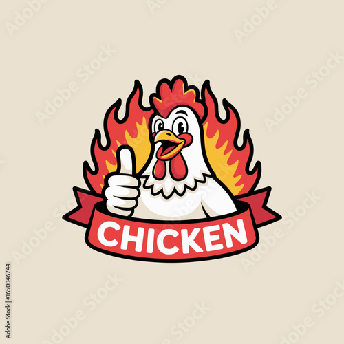 An eye-catching image of a spirited chicken giving a thumbs up surrounded by fire, capturing excitement and boldness ideal for spicy food promotions or branding.