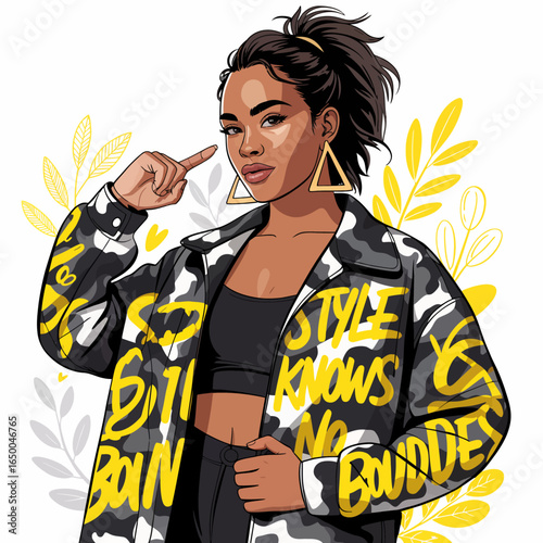 A confident young woman poses in a fashionable printed jacket, expressing individuality and style, showcasing modern urban fashion with an artistic edge and bold colors.