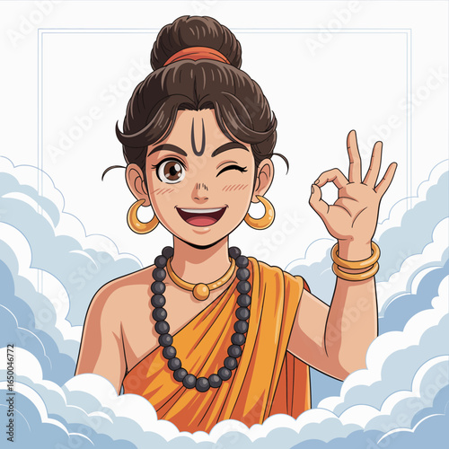 An energetic cartoon character of a boy winking and giving an OK gesture, set against a backdrop of fluffy clouds, representing joy and playfulness in a bright, lively artistic style.
