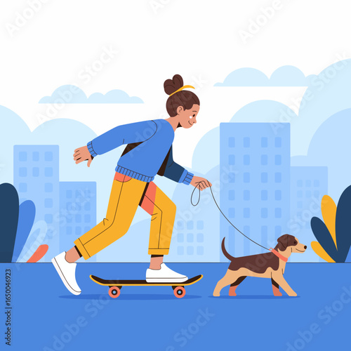 A lively depiction of a girl skateboarding while joyfully walking her dog through a vibrant urban environment, showcasing the bond between pets and their owners.