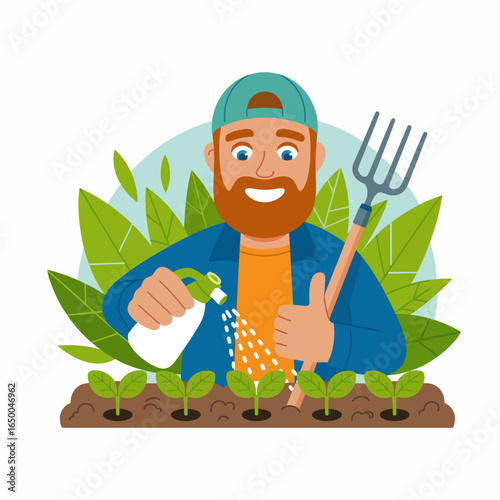 A cheerful man waters young plants in a lush garden, showcasing the joy of gardening while connecting with nature through nurturing growth and sustainability.