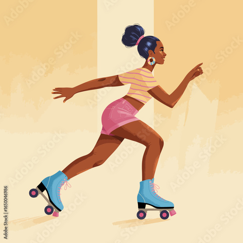 This energetic illustration captures a woman roller skating swiftly, embodying freedom and joy, set against a warm, sunny background that evokes a lively spirit.