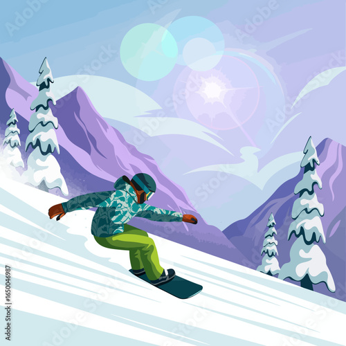 A dynamic snowboarder skillfully carving through fresh powder snow, set against a vibrant mountain backdrop, capturing the thrill and excitement of winter sports.