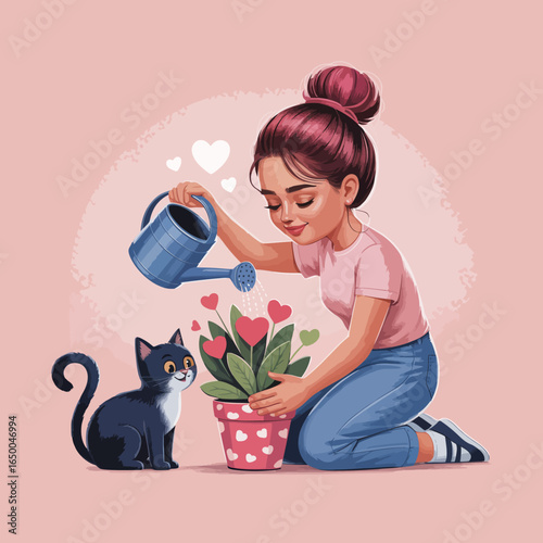 A blissful woman waters her heart-themed plant with her playful black cat by her side, surrounded by heart motifs, symbolizing love, care, and companionship.