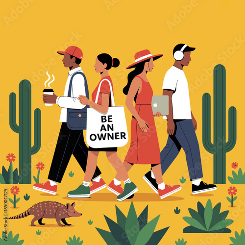 An engaging illustration of a cheerful group of friends enjoying the outdoors, showcasing diversity and personality in a lively urban setting filled with plants and flowers.