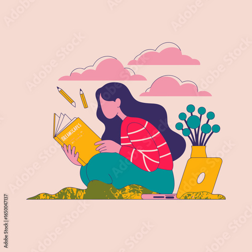 An engaged girl sits on the floor, enveloped in a cozy atmosphere reading a bright yellow book, surrounded by vibrant flowers enhancing her peaceful and introspective experience.