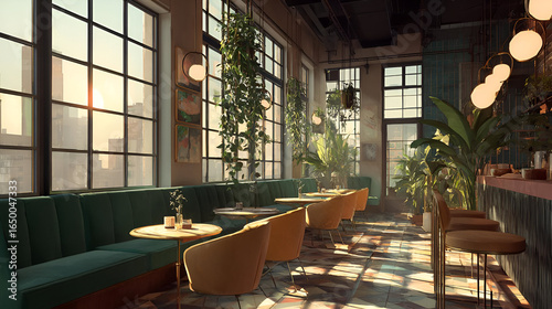 Sunlit Modern Restaurant Interior with City View