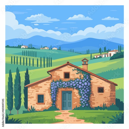 A serene cottage set against a backdrop of rolling green hills and distant mountains, capturing the beauty of rural landscapes and peaceful living in nature.