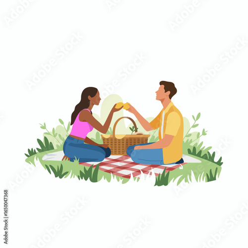 A vibrant illustration of a couple having fun during a picnic, exchanging food and laughter, embodying the essence of love, connection, and joyous outdoor experiences.