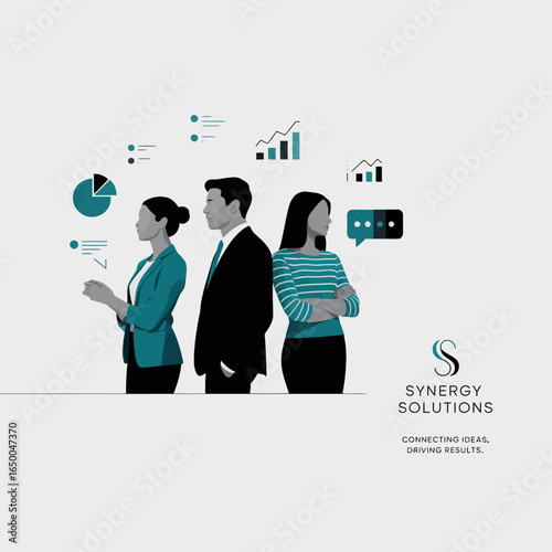 A modern illustration of a business team working collaboratively, showcasing graphs and charts to represent data and analysis in a professional setting.